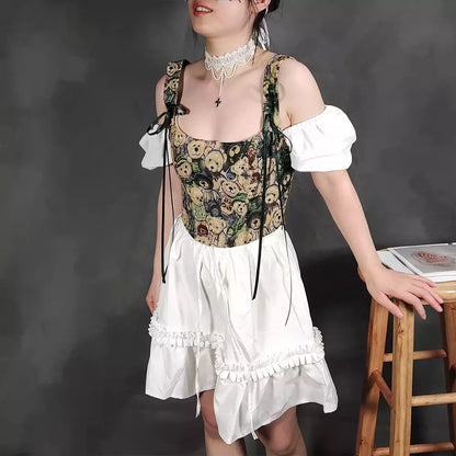 Renaissance Style Jacquard Corset with Bow-Tie Shoulder Straps