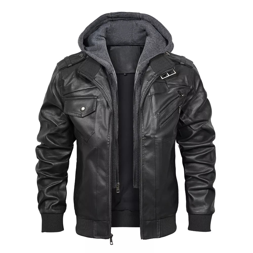 Men's PU Leather Bomber Jacket with Detachable Hood