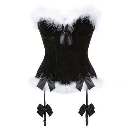 Festive Red Velvet Corset with White Fur Trim and Black Bows