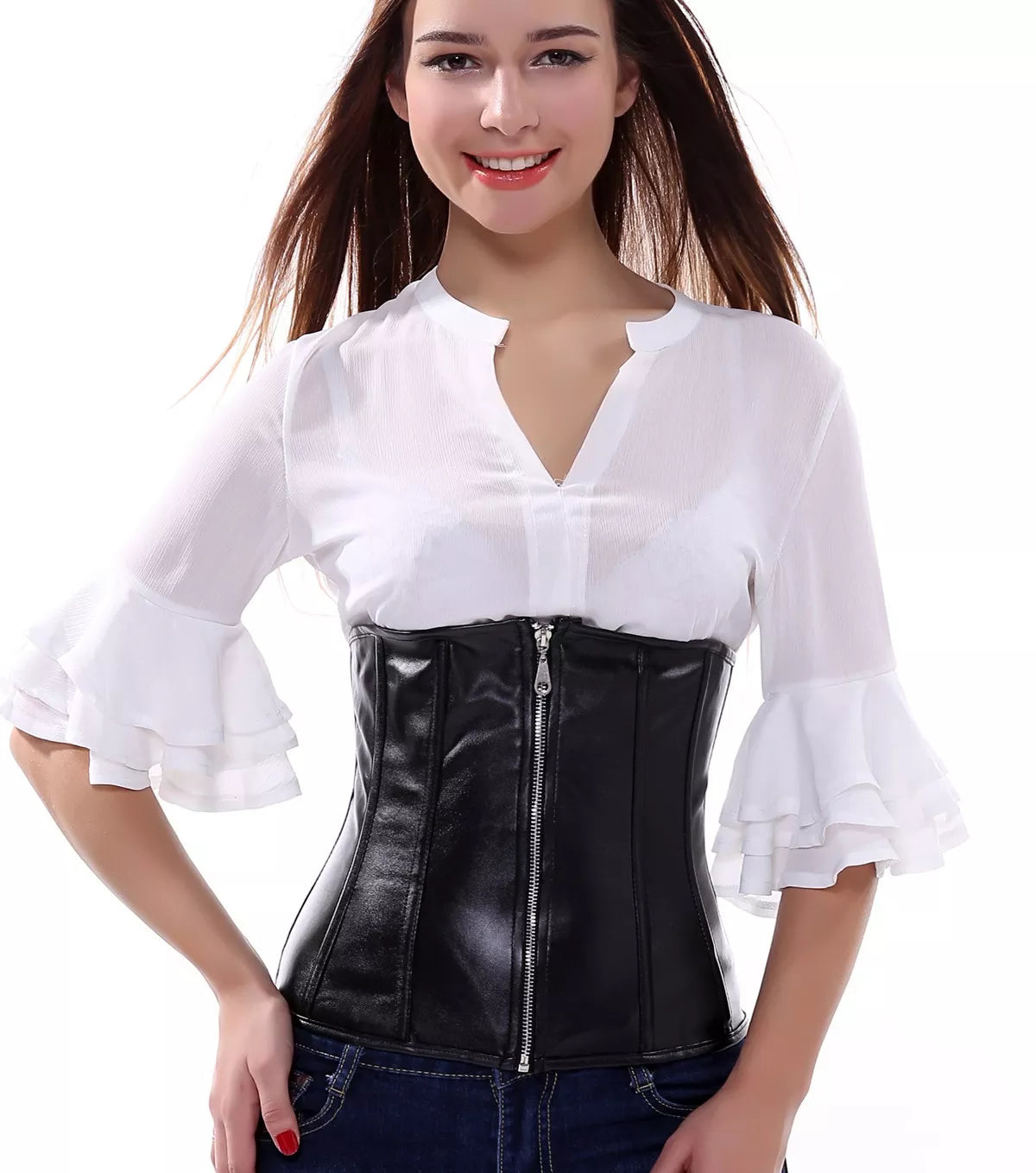 Leather Underbust Corset with Front Zipper and Lace-Up Back