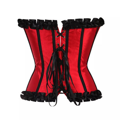 Laceing Overbust Corset Top with Black Ruffled Trim and Steel Boning