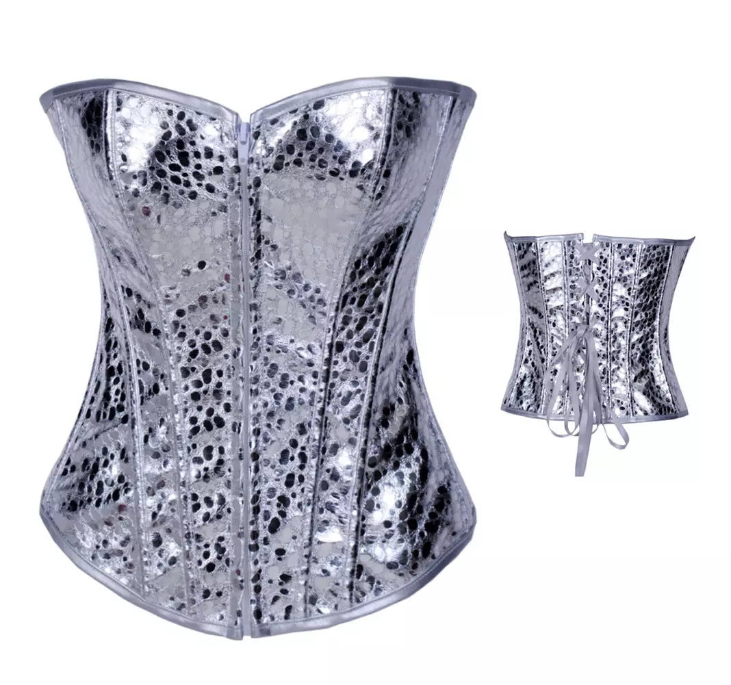 Silver Metallic Overbust Corset with Steel Boning and Lace-Up Back