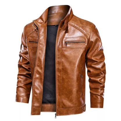 Men's Stand Collar Faux Leather Motorcycle Jacket with Zippered Pockets