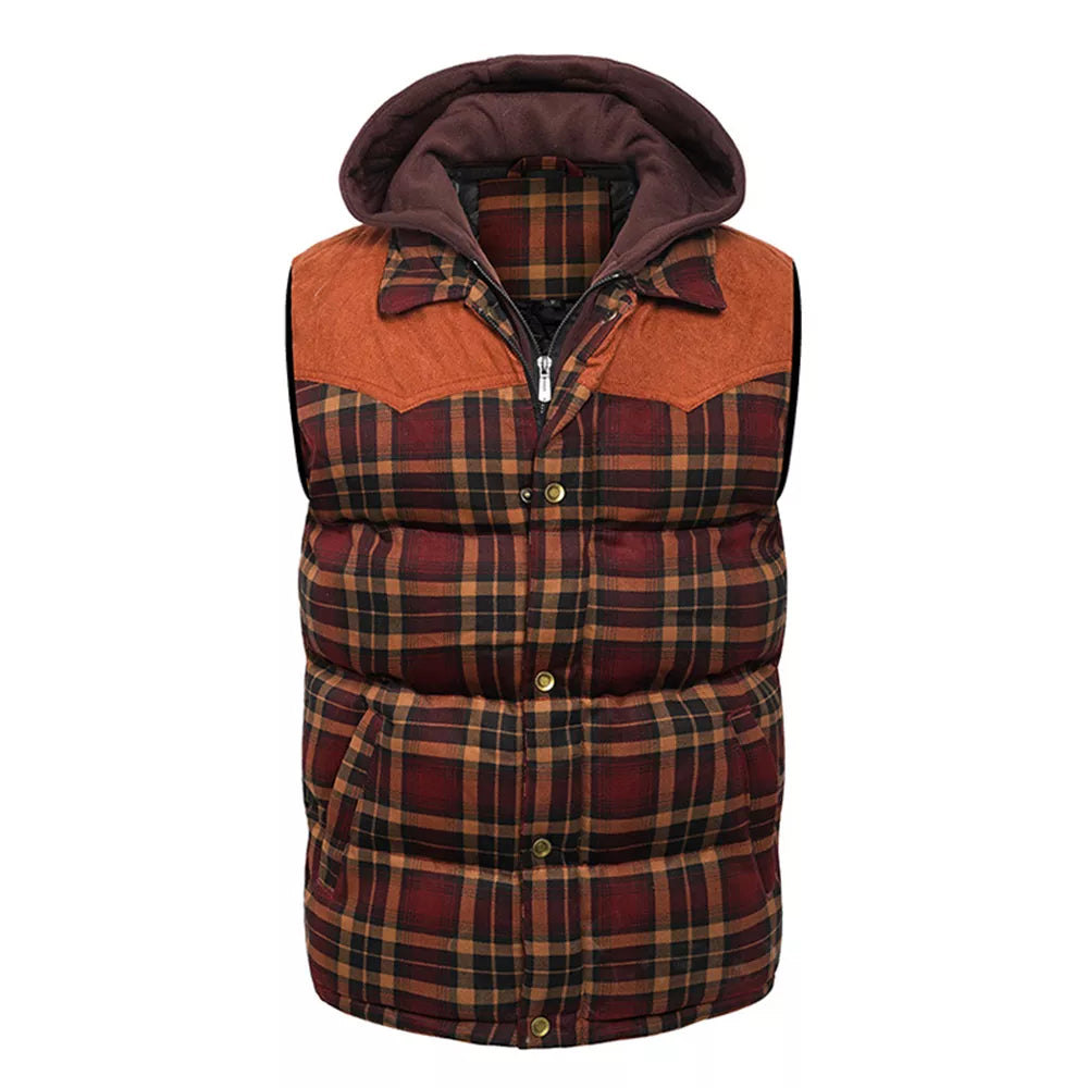 Men's Hooded Cotton Vest with Scottish Plaid Thick Sleeveless Vest