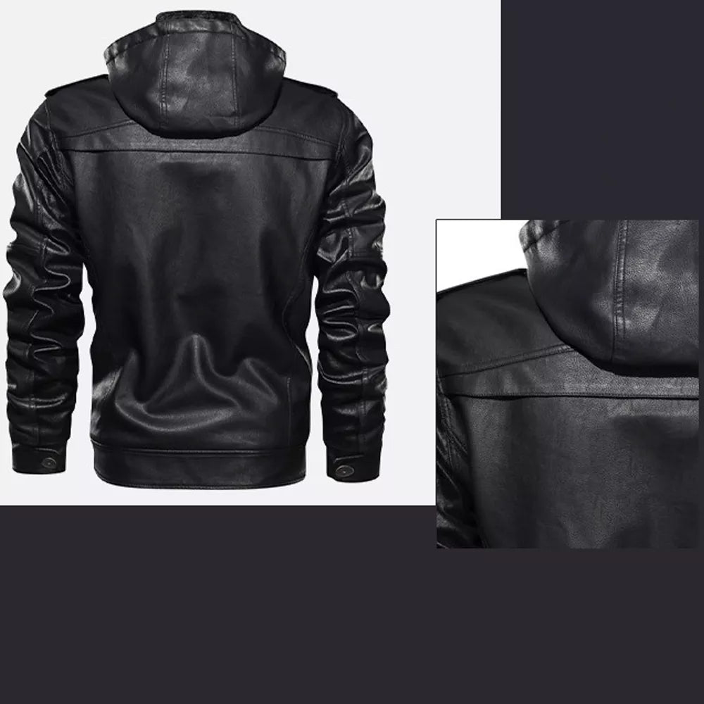 Men's Hooded PU Leather Jacket with Fleece Lining