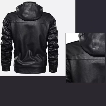 Men's Hooded PU Leather Jacket with Fleece Lining