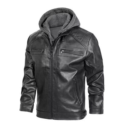 Men’s PU Faux Leather Motorcycle Jacket With a Removable Hood