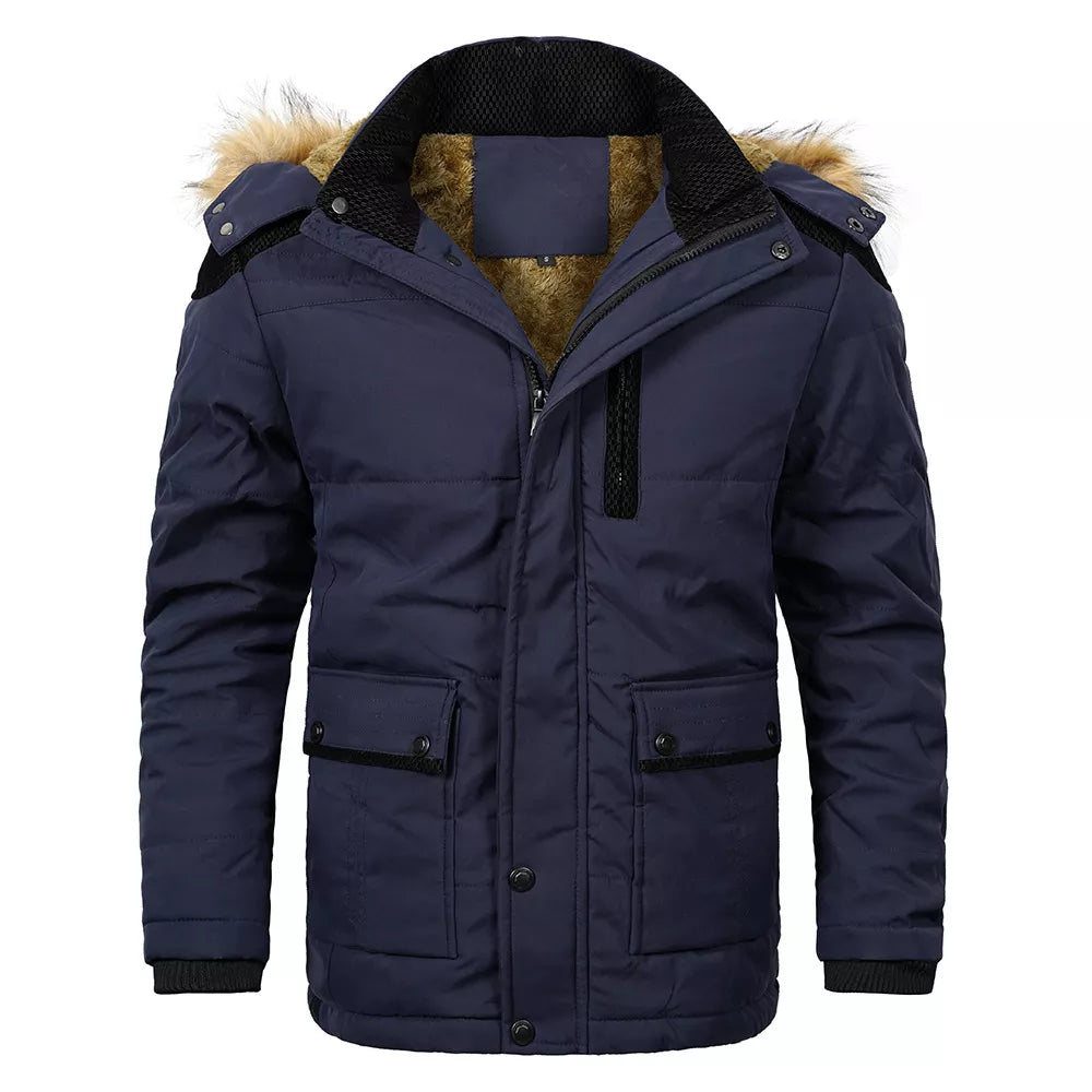 Men's Parka Jacket Hooded Cotton Jacket with Oversized Fur Collar