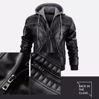 Men's Removable Hood PU Faux Leather Jacket