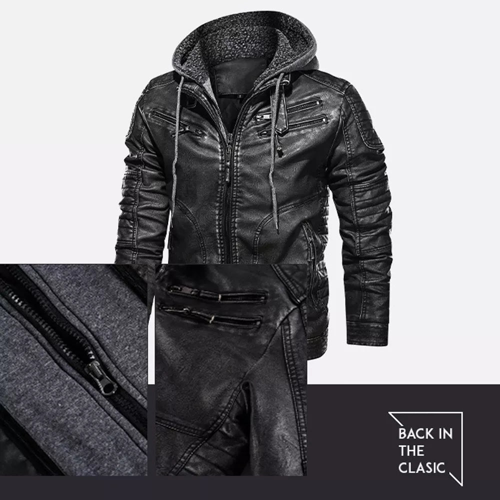 Men’s Stand Collar PU Leather Motorcycle Jacket with Detachable Hood