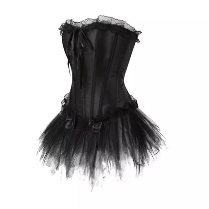 Black Lace Corset Top with Steel Boning and Ribbon Accents