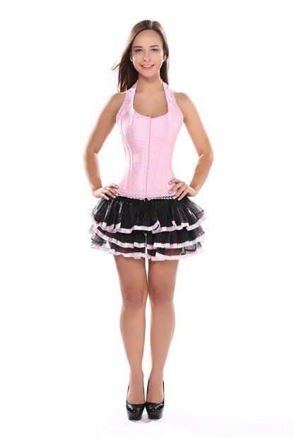 Lace Pink Corset with Halter Straps and Lace-Up Back