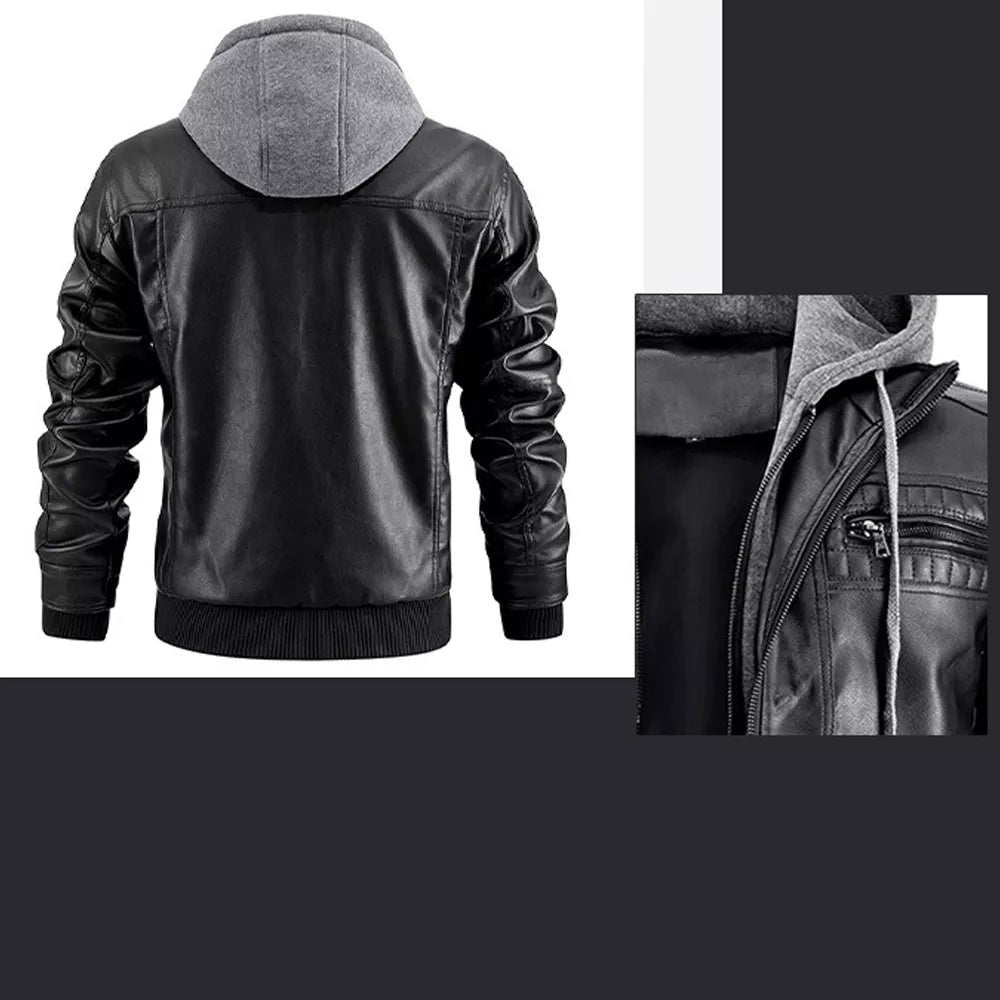 Men's Removable Hood PU Faux Leather Jacket