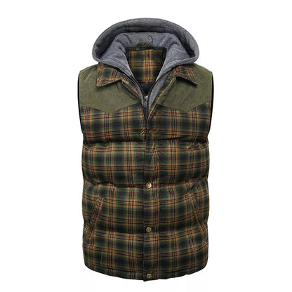 Men's Hooded Cotton Vest with Scottish Plaid Thick Sleeveless Vest