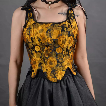 Renaissance Corset Embossed Sunflower Lace-Up Boned Bustier Crop Top