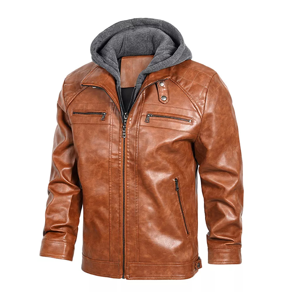 Men’s PU Faux Leather Motorcycle Jacket With a Removable Hood