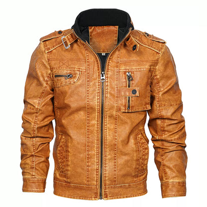 Men's Motorcycle PU Leather Jacket with Distressed Wash and Stand Collar