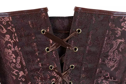 Steampunk Brown Brocade Overbust Corset with Zipper and Leather Straps