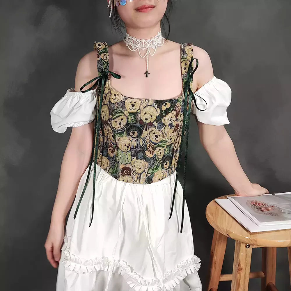 Renaissance Style Jacquard Corset with Bow-Tie Shoulder Straps