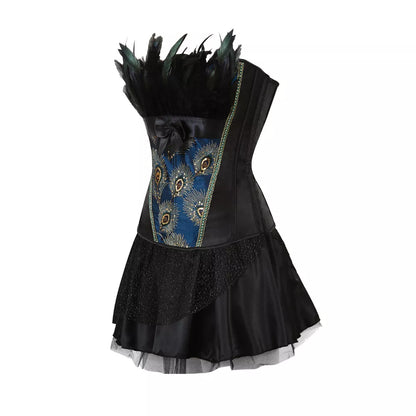 Satin Overbust Corset with Peacock Feather Embroidery and Lace-Up Back