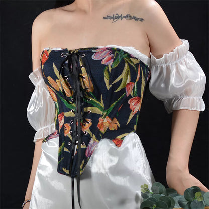 Renaissance Style Jacquard Tulip Boned Corset with Front Lace-Up