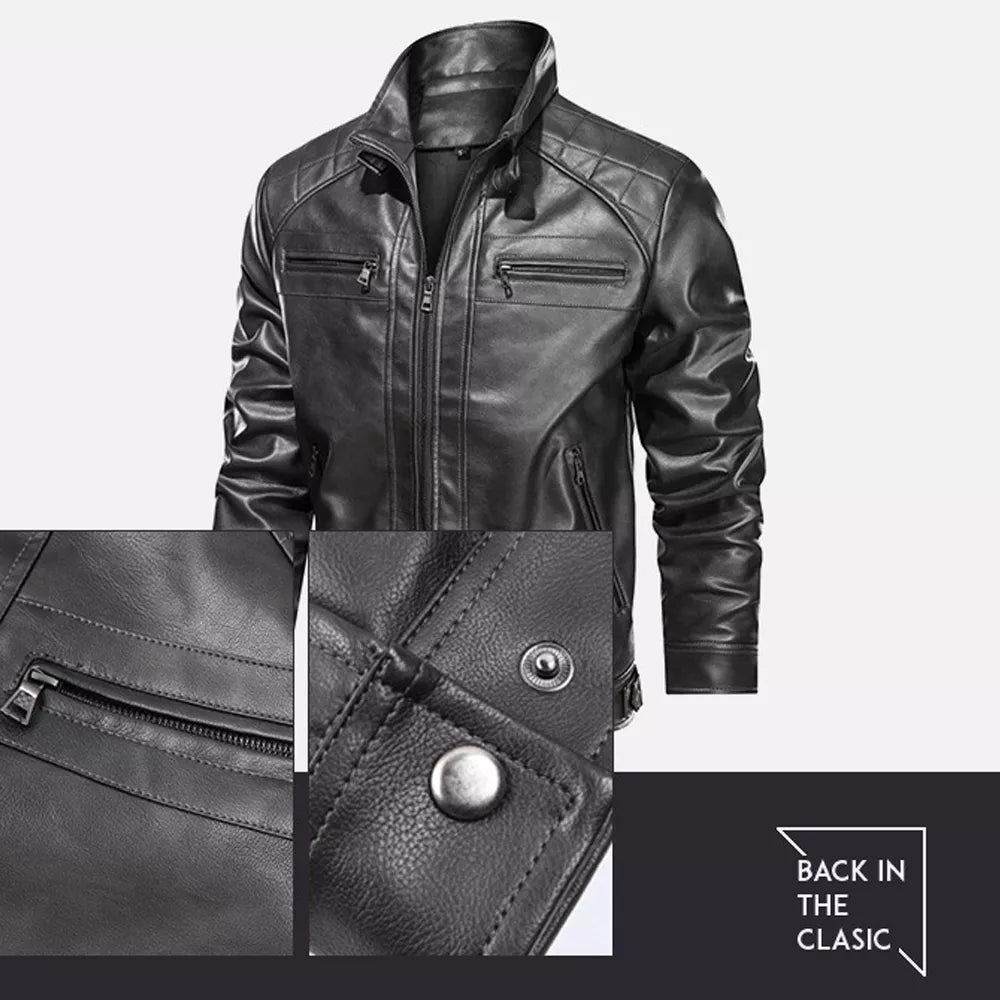 Men's Stand Collar Faux Leather Motorcycle Jacket with Zippered Pockets