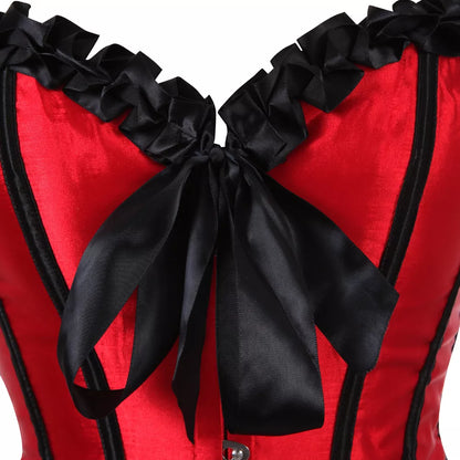 Laceing Overbust Corset Top with Black Ruffled Trim and Steel Boning