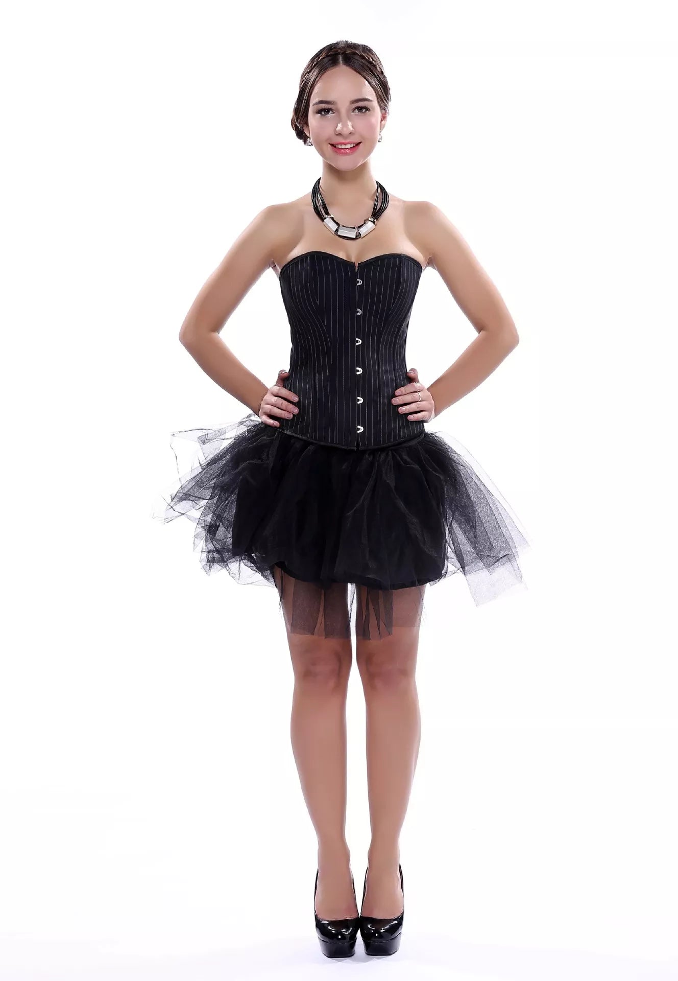 Black Pinstripe Overbust Corset with Steel Boning and Lace-Up Back