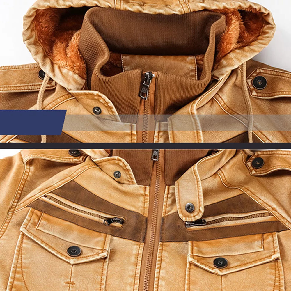 Men's Hooded PU Leather Jacket with Fleece Lining