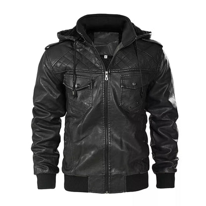 Men's Sleek Stand Collar PU Leather Bomber Jacket with Detachable Hood