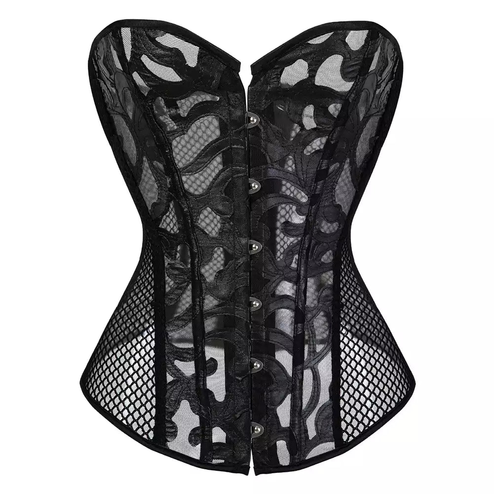 Lace Mesh Overbust Corset with Steel Boning and Front Busk Closure