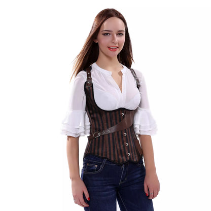 Steampunk Striped Underbust Corset with Leather Straps and Buckles