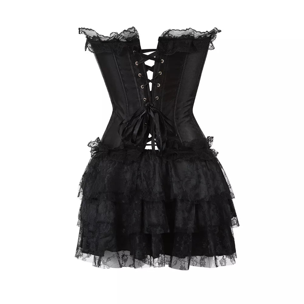 Black Lace Corset Top with Steel Boning and Ribbon Accents