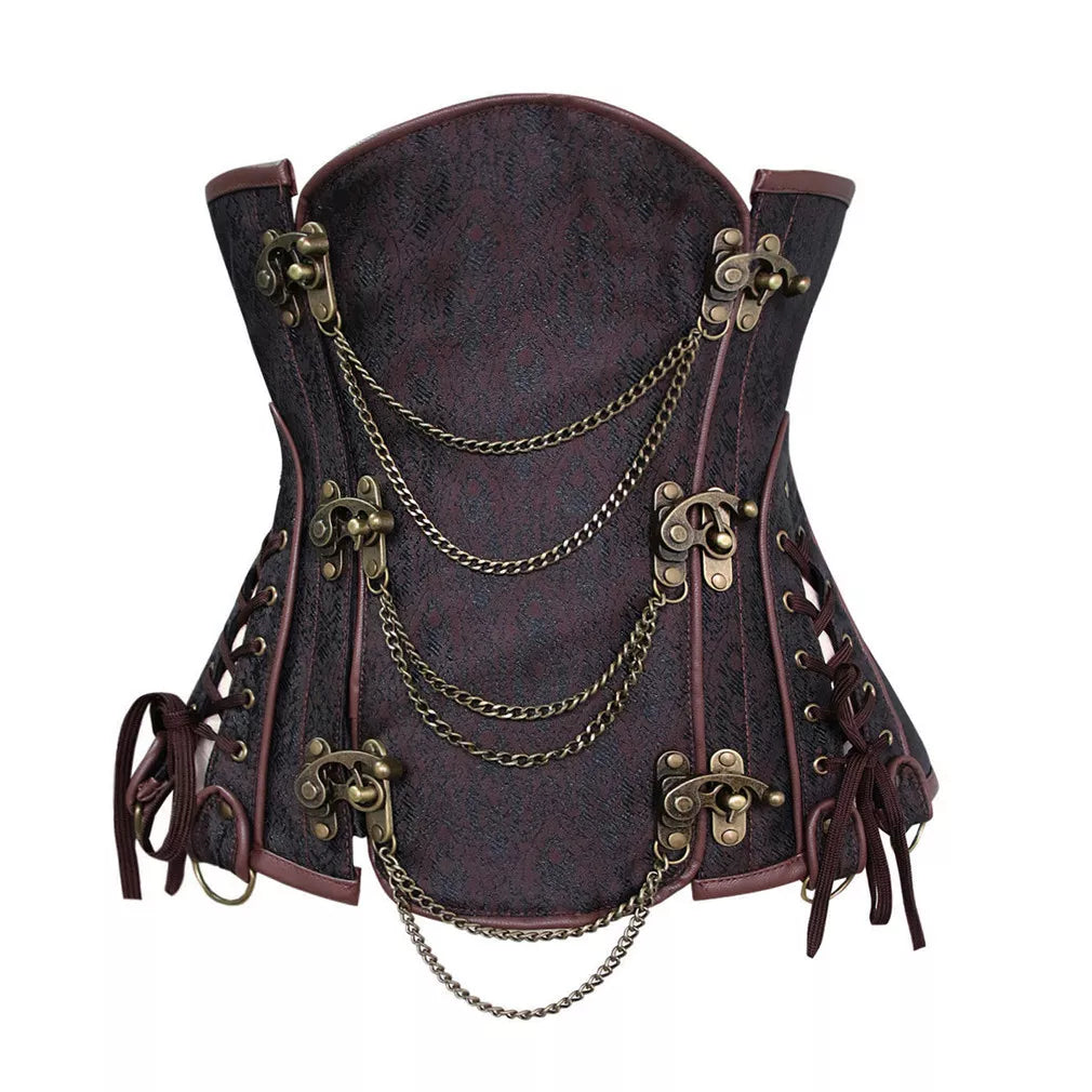 Gothic Overbust Corset with Leather Trim and Brass Chains