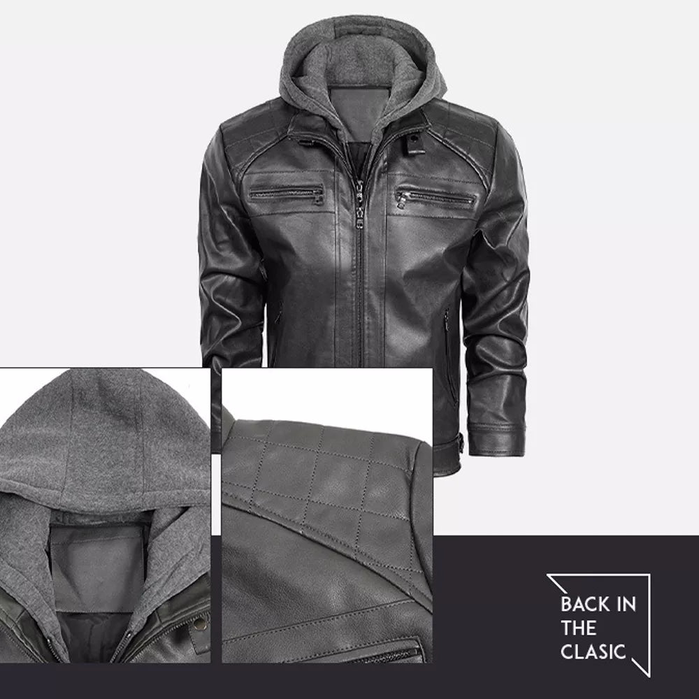 Men’s PU Faux Leather Motorcycle Jacket With a Removable Hood