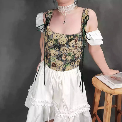 Renaissance Style Jacquard Corset with Bow-Tie Shoulder Straps