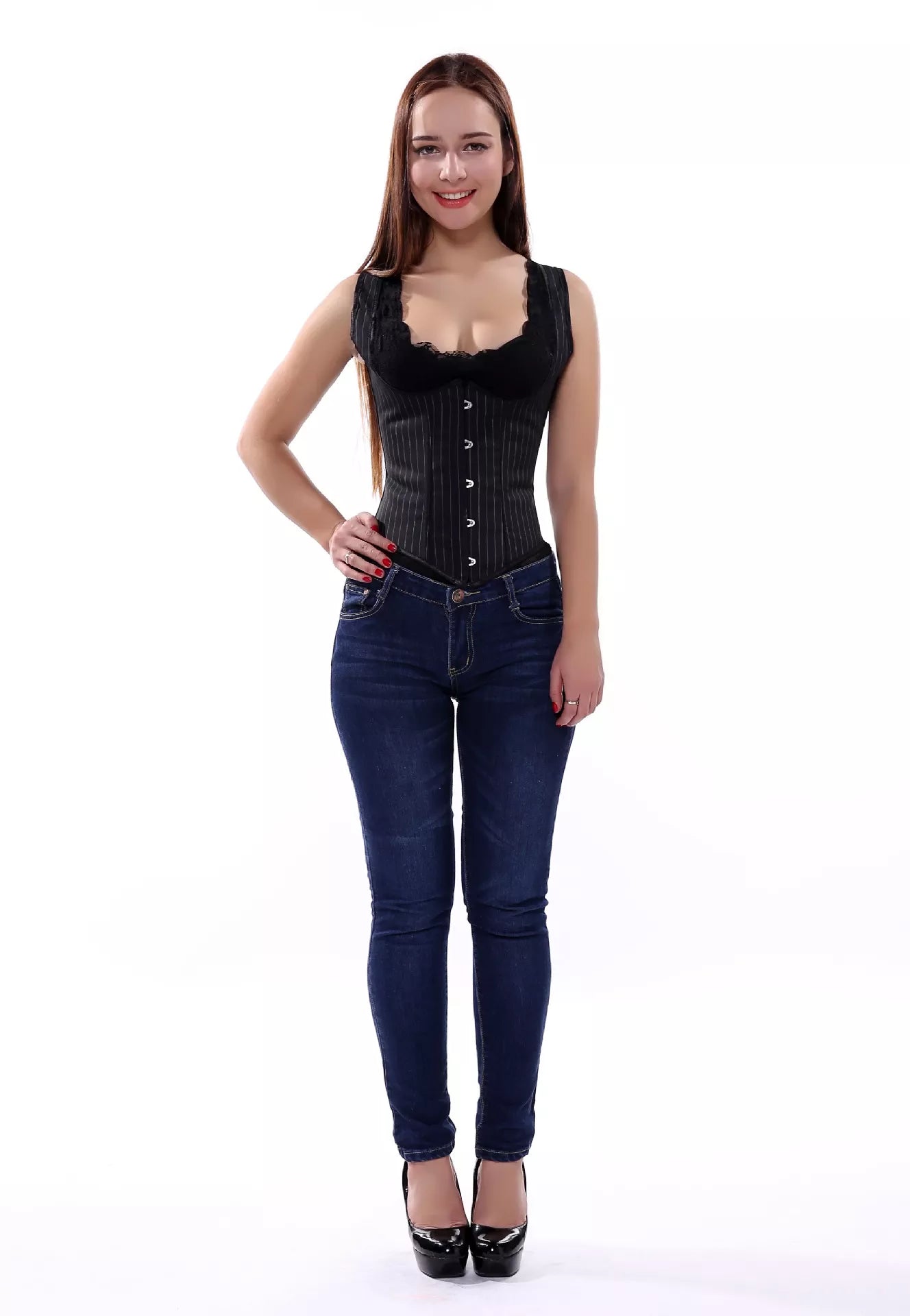 Black Pinstripe Underbust Corset with Shoulder Straps and Lace-Up Back