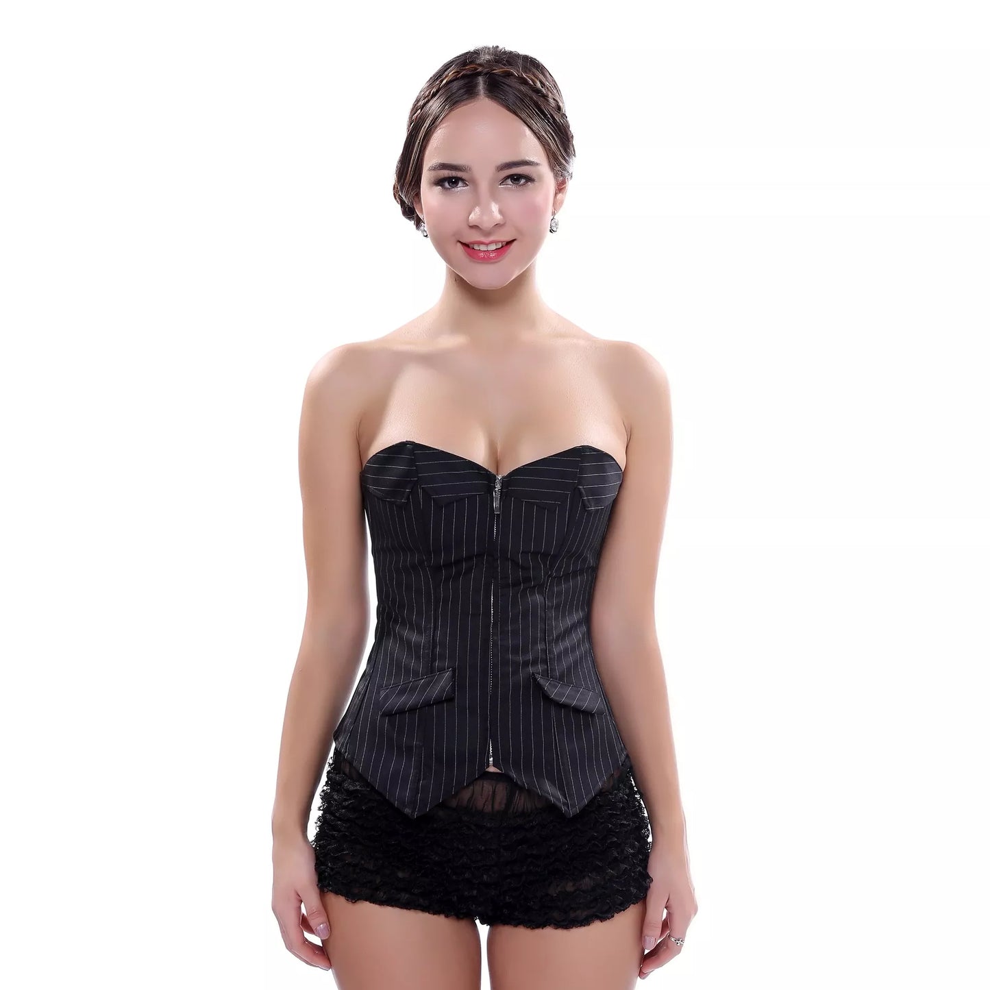 Pinstripe Black Overbust Corset Top with Steel Boning