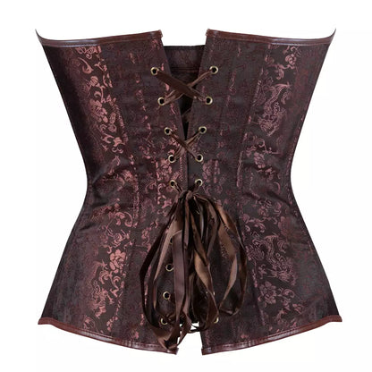 Steampunk Brown Brocade Overbust Corset with Zipper and Leather Straps