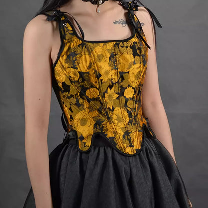 Renaissance Corset Embossed Sunflower Lace-Up Boned Bustier Crop Top