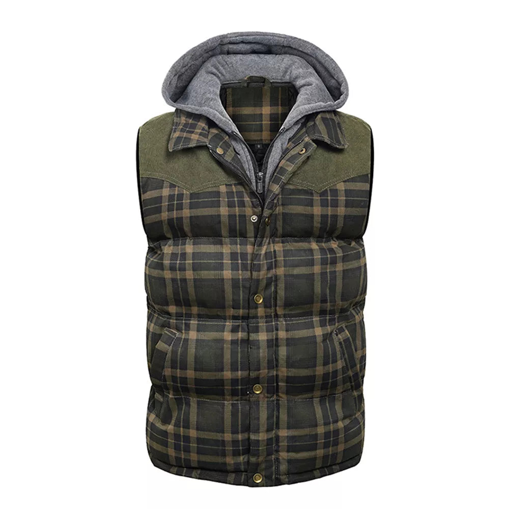 Men's Hooded Cotton Vest with Scottish Plaid Thick Sleeveless Vest