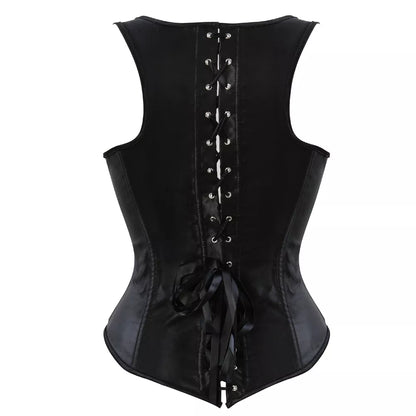 Black Satin Underbust Corset with Shoulder Straps and Front Busk Closure