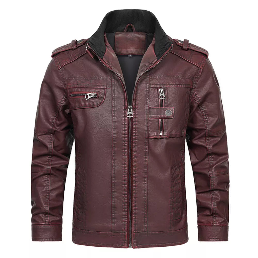 Men's Motorcycle PU Leather Jacket with Distressed Wash and Stand Collar