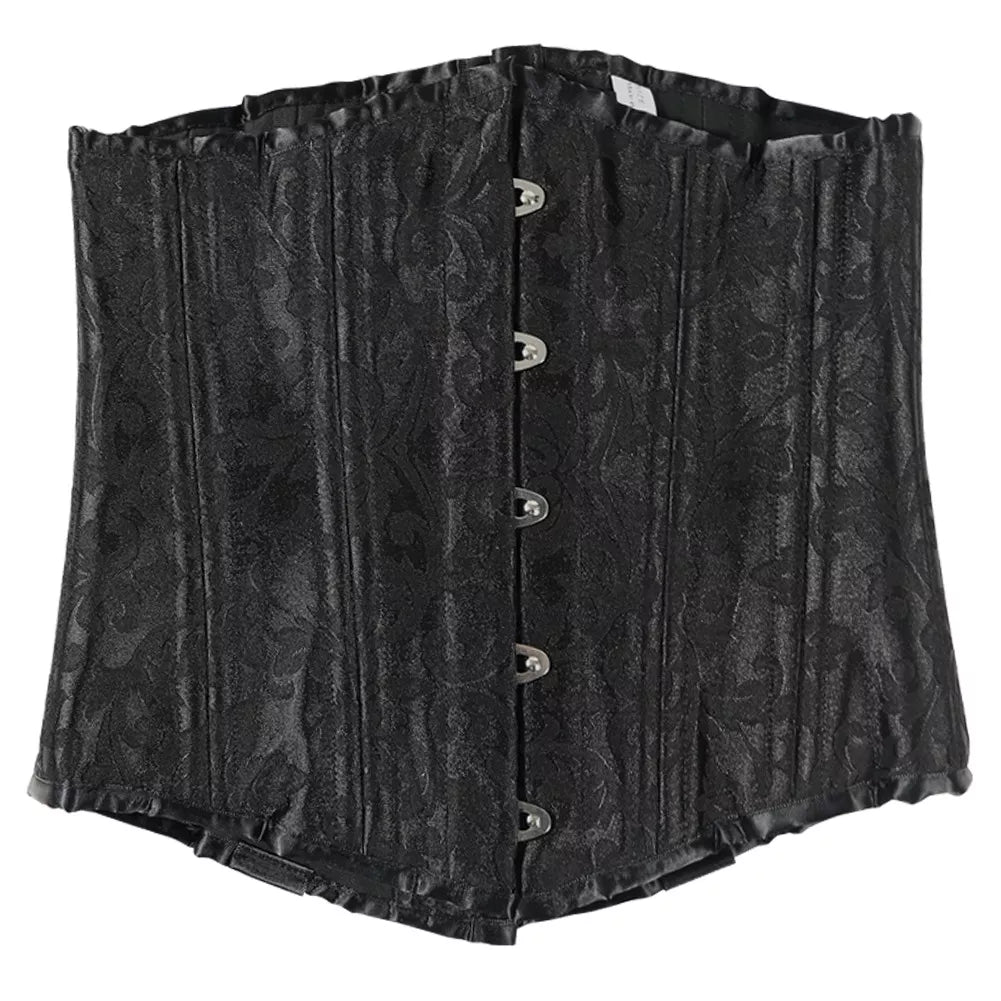 Black Brocade Underbust Corset with Steel Boning and Lace-Up Back