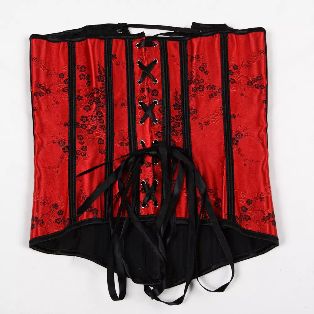 Striking Floral Jacquard Overbust Corset with Lace-Up Detailing