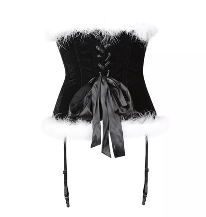 Festive Red Velvet Corset with White Fur Trim and Black Bows