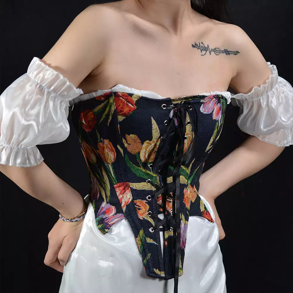 Renaissance Style Jacquard Tulip Boned Corset with Front Lace-Up