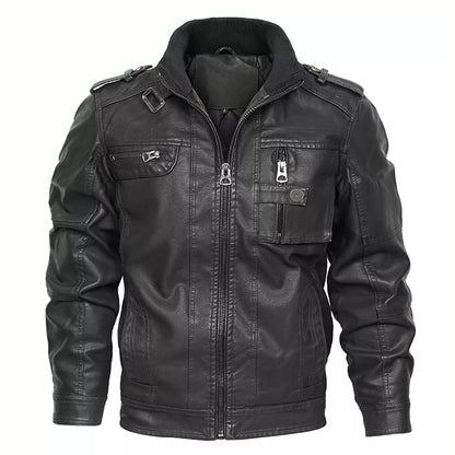 Men's Motorcycle PU Leather Jacket with Distressed Wash and Stand Collar