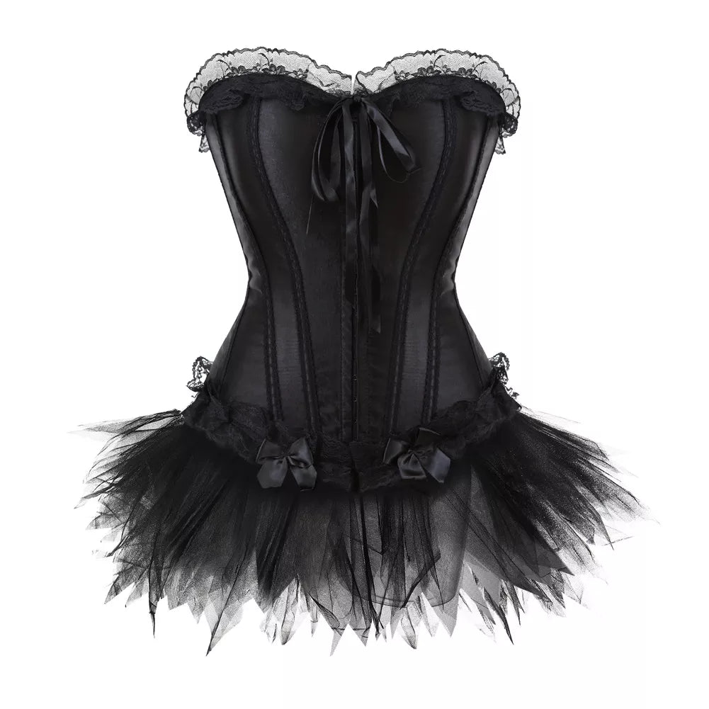 Black Lace Corset Top with Steel Boning and Ribbon Accents