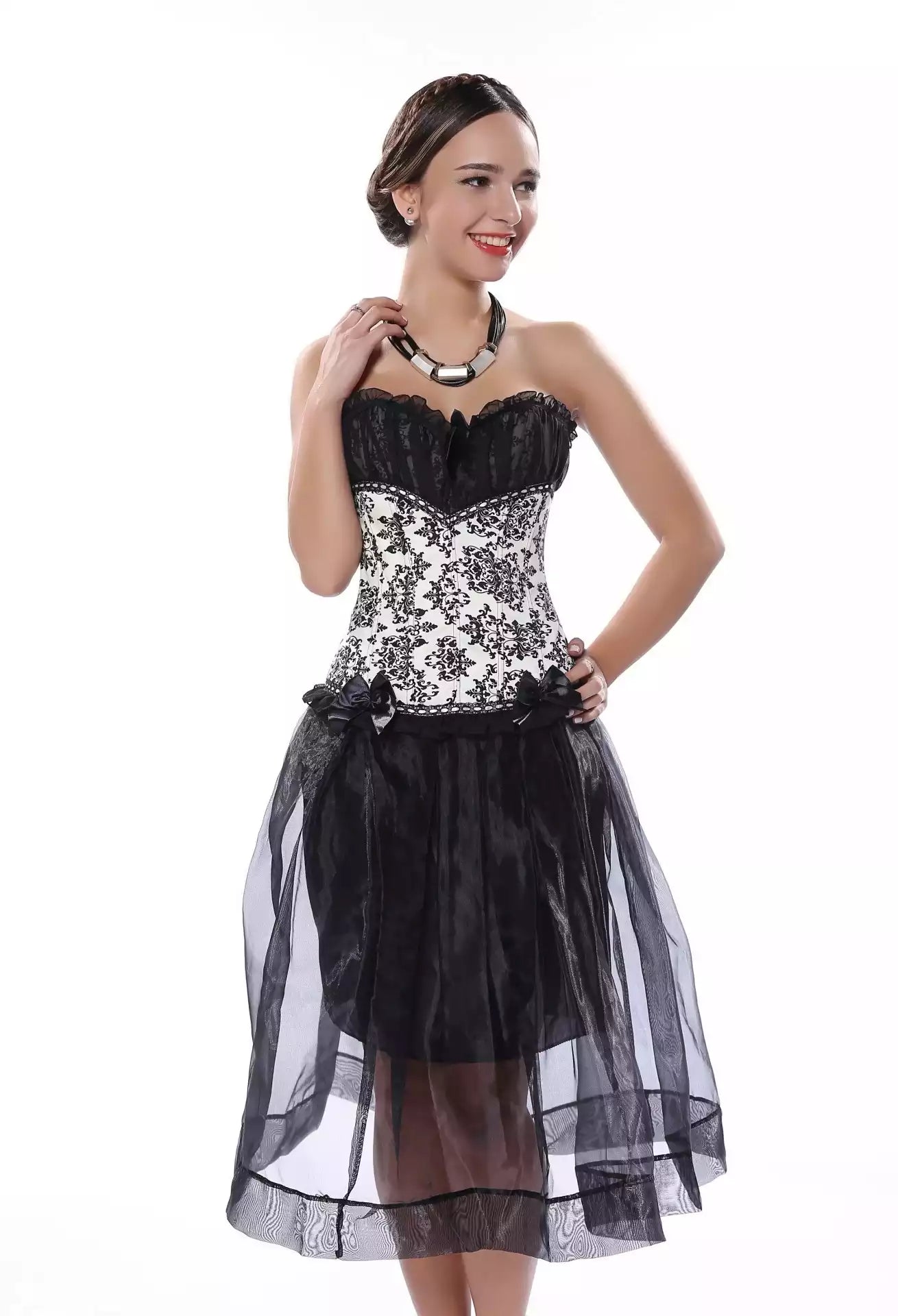 Lace Corset with Ruffle Trim and Bow Accents